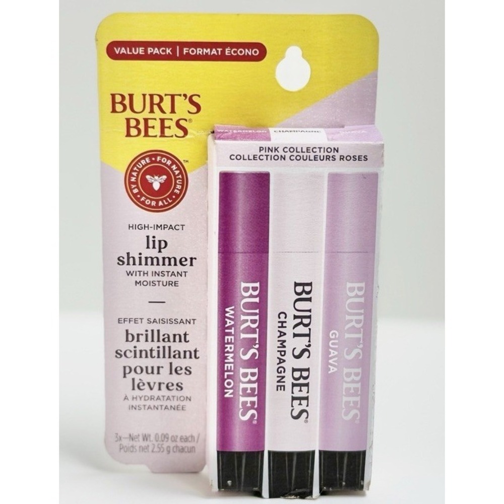 Burt's Bees Set of 3 Lip Shimmer Pink Collection Pack Watermelon Champagne Guava